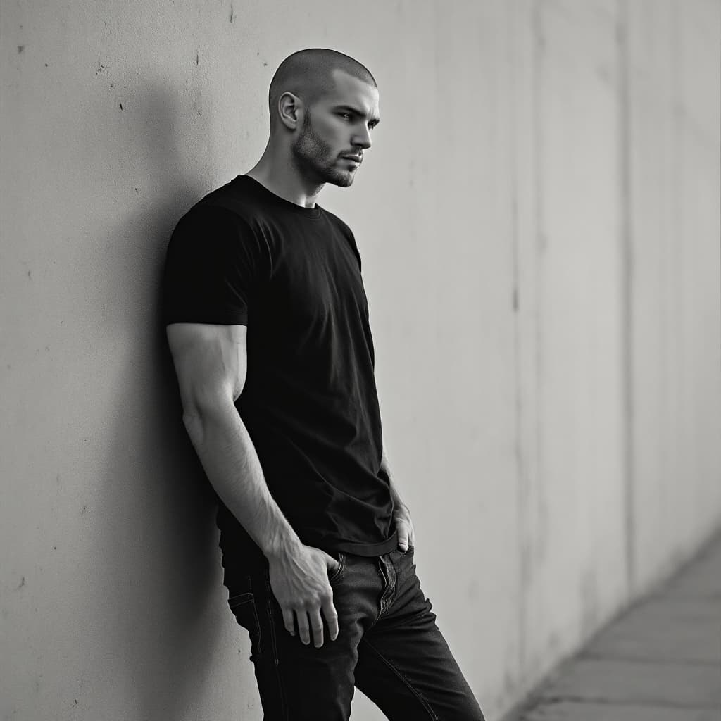 AI generated: Depict a male figure from a distance of about thirty feet, black t-shirt with a shaved head, and jea...