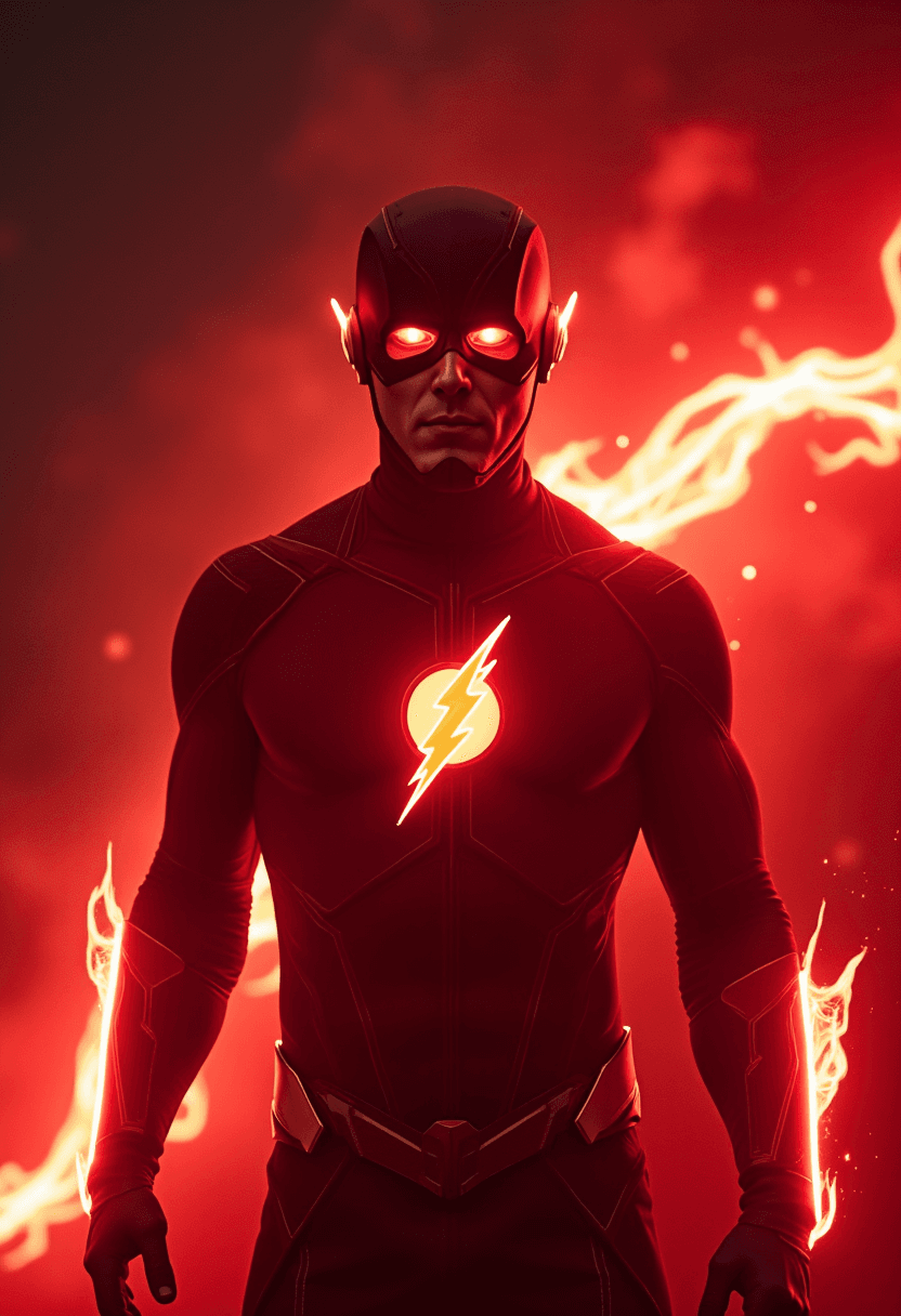 AI generated: An image with cinematic lighting and shadows of a super hero The Flash powering up with brilliant ne...