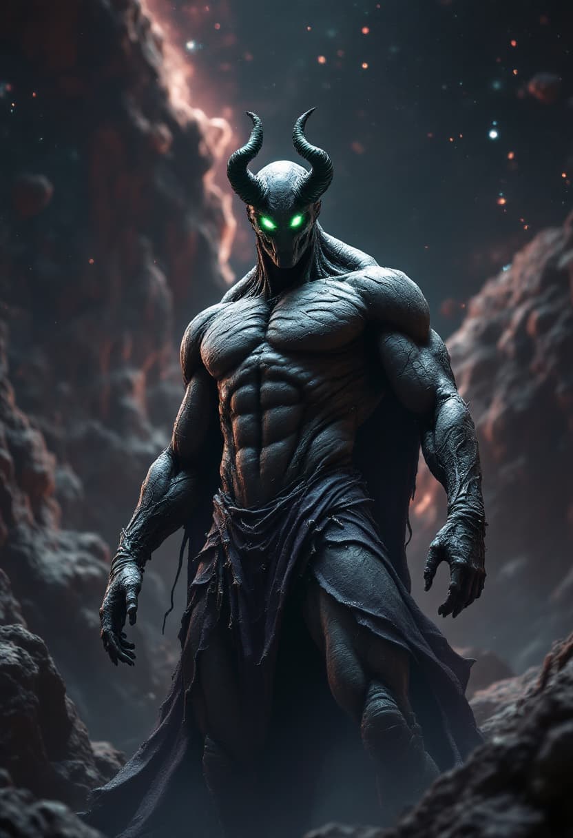 AI generated: God of Decay, full-body, Etherial, muscular, No mouth or hair, Glowing Dark green eyes, epic, cinema...