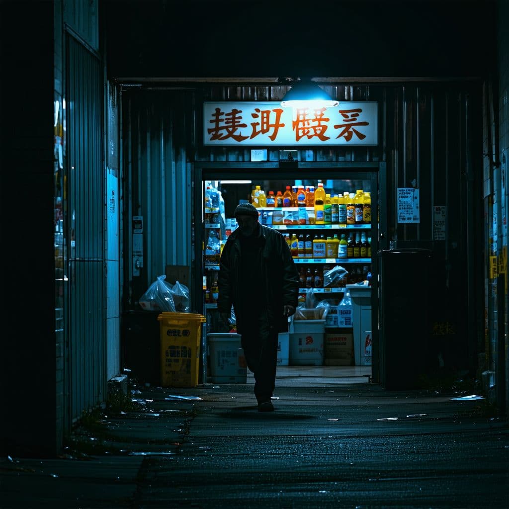 AI generated: A dimly lit alleyway at dusk, with the entrance to a small, rundown grocery store in the background,...