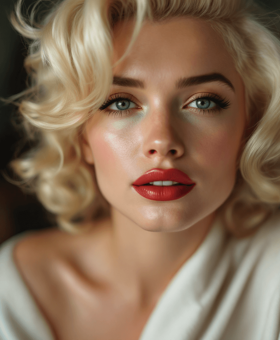 AI generated: A highly detailed, realistic close-up portrait of a woman resembling Marilyn Monroe, moments after f...