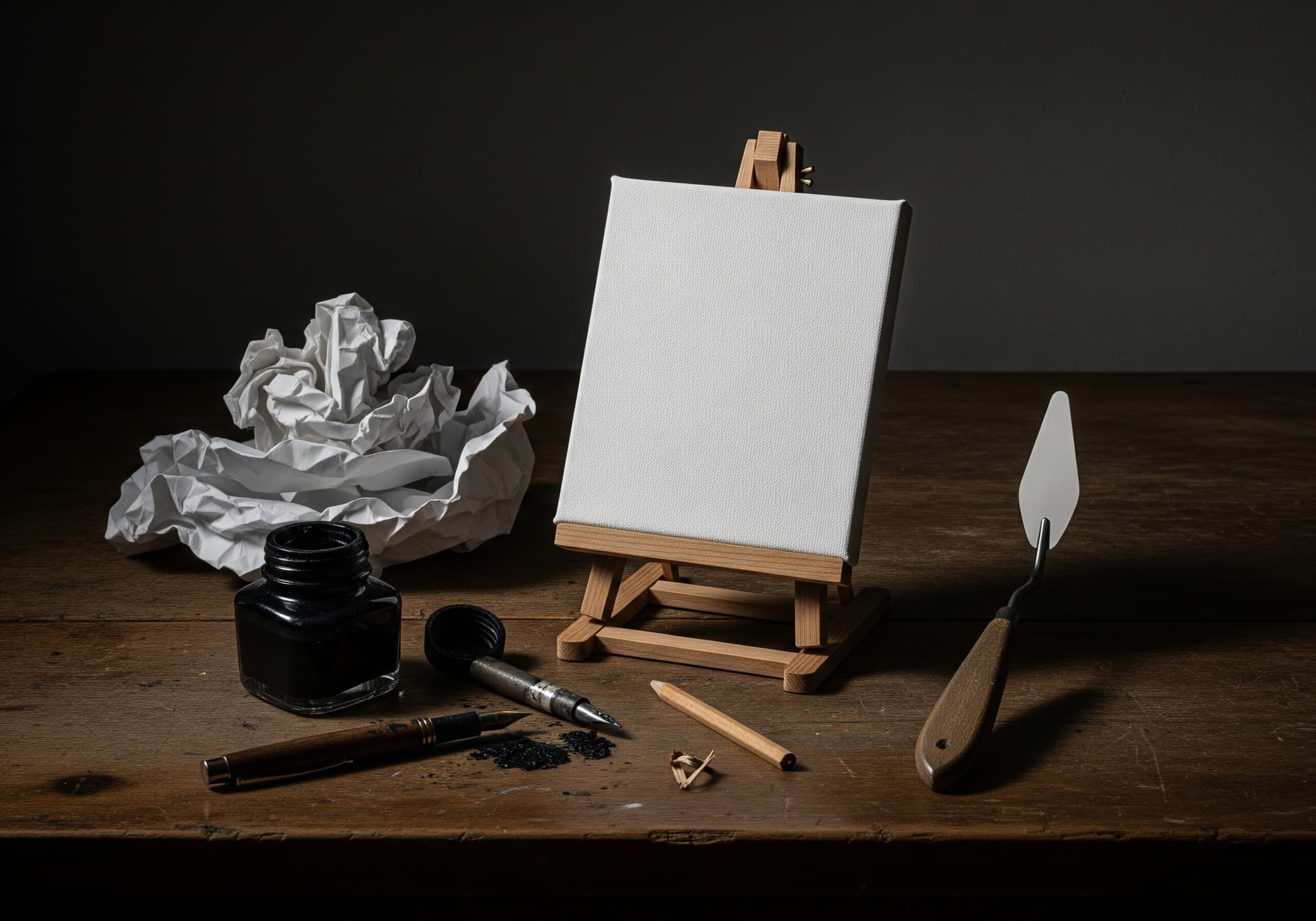 AI generated: Create a highly detailed and atmospheric still life image depicting 'A Study in Creative Block.'

...