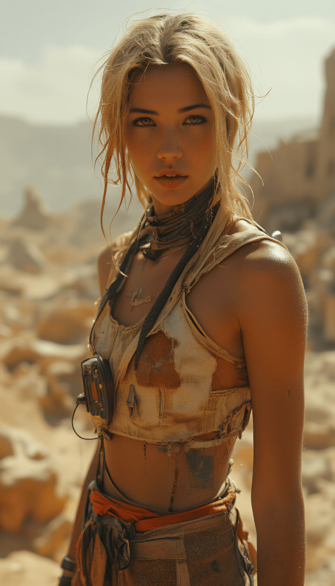 AI generated: abstract, OBtaozhuang Street fashion close up on face photo of a 24-year-old Sotho-Tuareg female ser...
