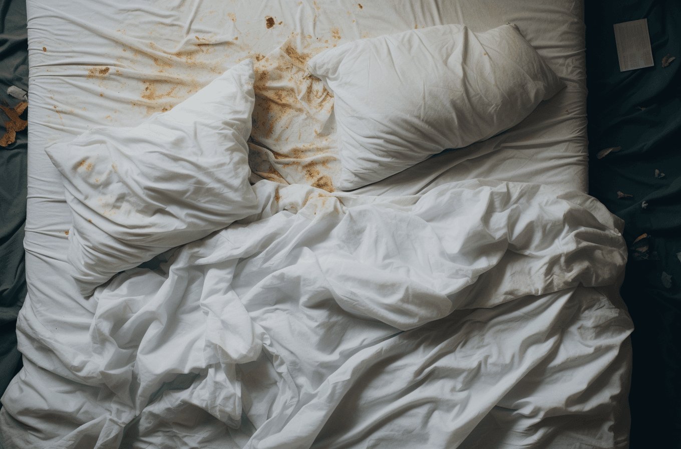 AI generated: A messy unmade bed with white sheets and pillows, the scene is captured in an ultrarealistic photogr...