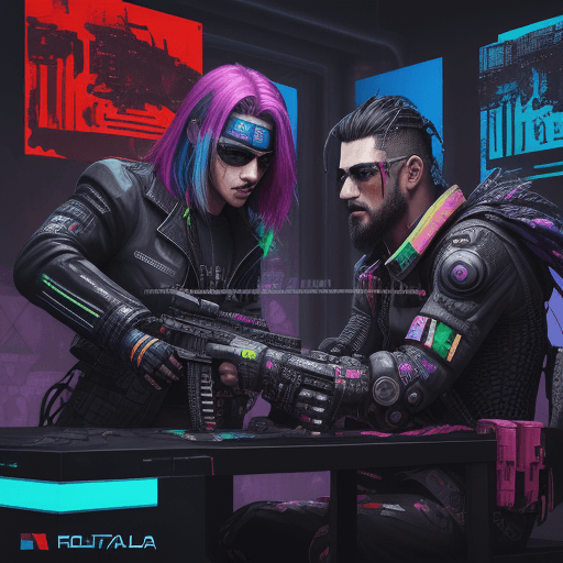 AI generated: batalla en un mundo distopico, dos hombres, cyberpunk, colores fuetes, jaula, distopia, colores cali...