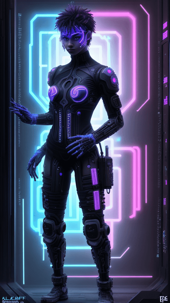 AI generated: blacklightfractalneonholofluid cyberpunk character