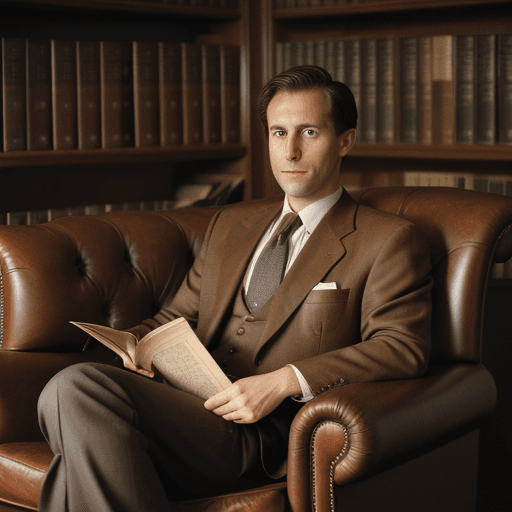 AI generated: a portrait of a lawyer doing his reading, classic suit, old book, classic setting, english brown lea...