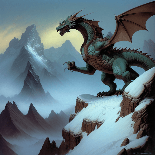 AI generated: A Dragon roars in the snow mountains of a fantasy landscape, John Howe, Frazetta, Horkey