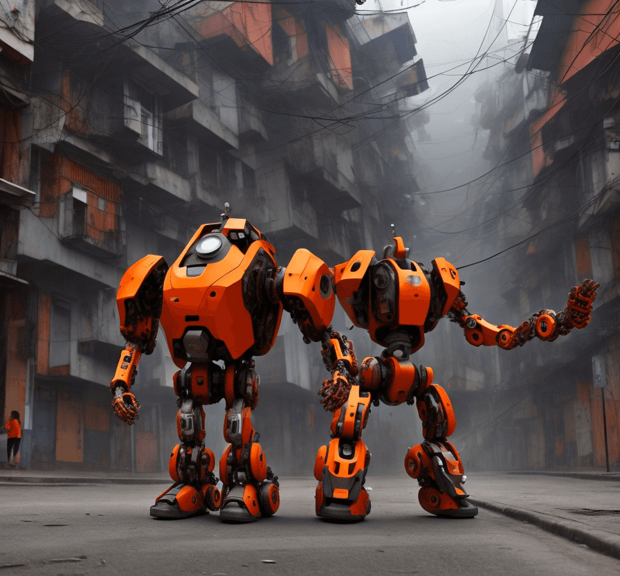 AI generated: a  futuristic iron an orange mech is walking in the street in  a wooden favela. Terrified people are...
