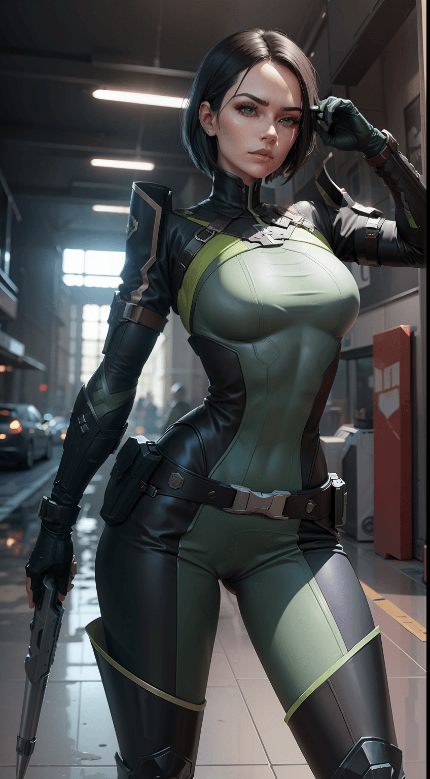AI generated: viper character from valorant game, lara croft from tomb raiders game, wearing adventural outfit, se...