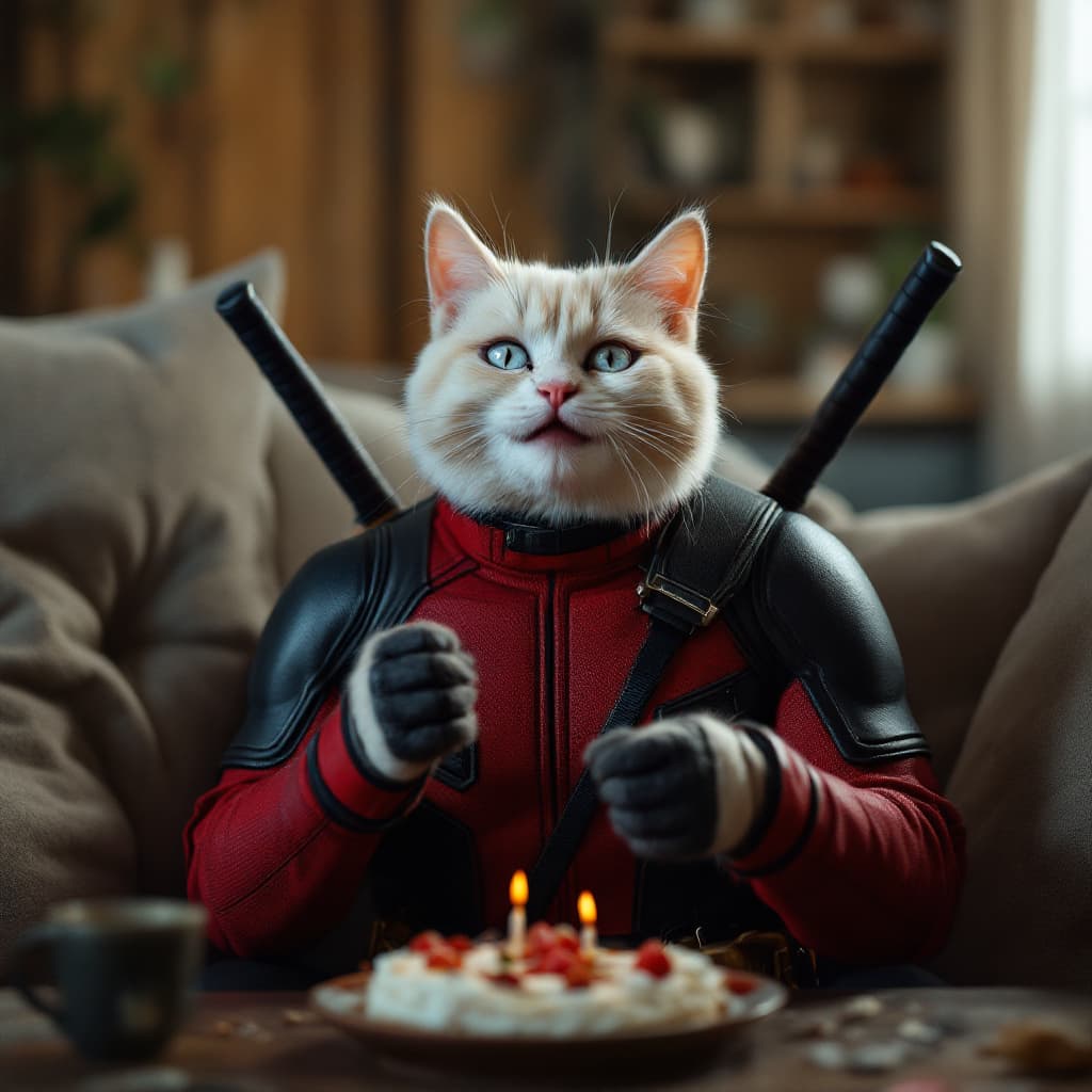 AI generated: striking visual tension and dramatic flair, ((an anthropomorphic cream cat)), expressive, laugh, (dr...