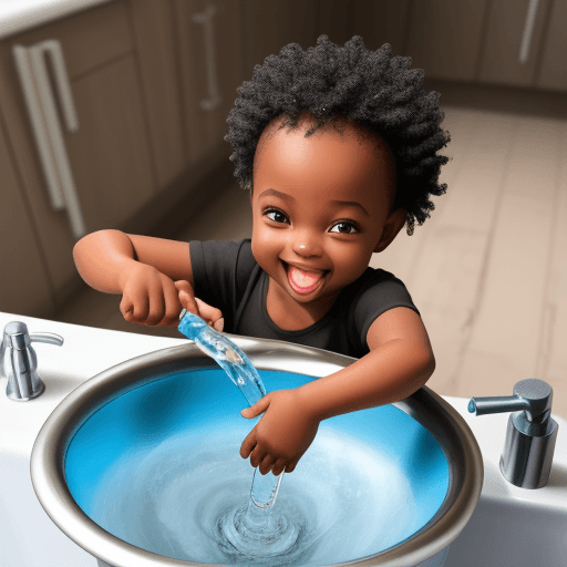 AI generated: happy black child playing with tap water