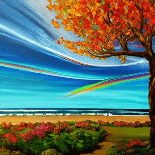 AI generated: tree sunshine spectacular ocean view from the mountain house.oil painting rainbow in the sky arch sh...
