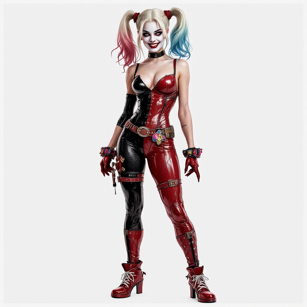 AI generated: 
Harley Quinn full body long shot, pose in  her  original  costume, deviant smile,  in the  style  o...