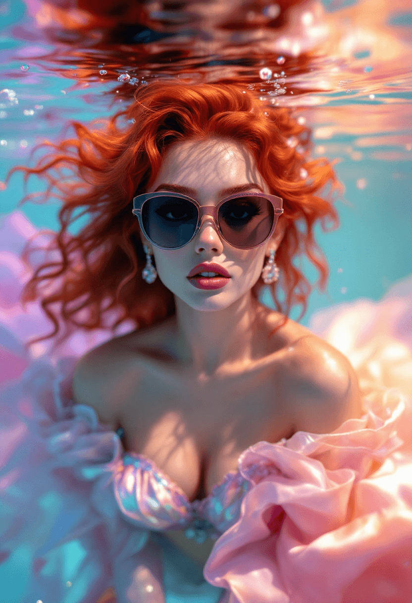AI generated: Vibrant, high-fashion photography of 20-year-old Ariel, the little mermaid, with fiery, wavy red hai...