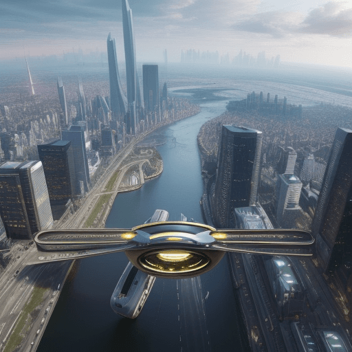 AI generated: A realistic future city where cars are able to not only go on land but convert to travel in the air,...