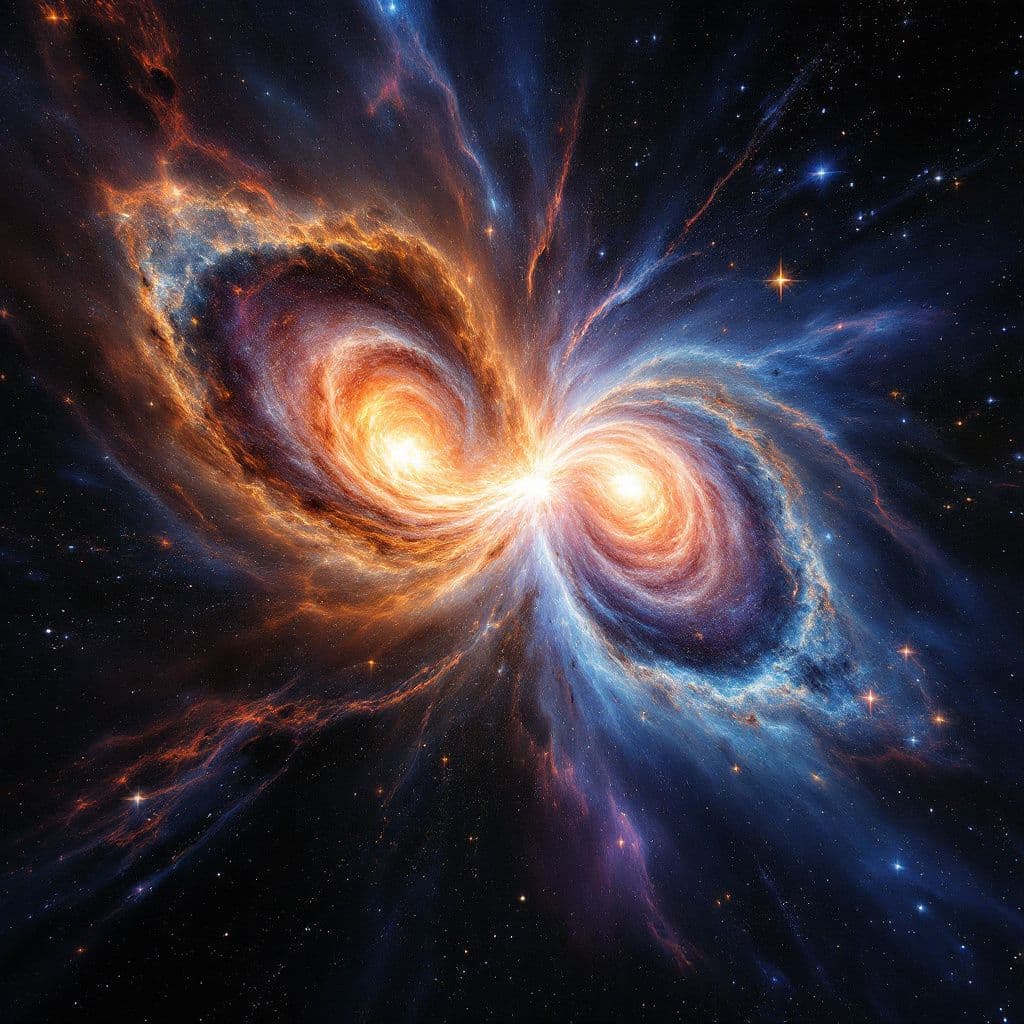 AI generated: A view of a galaxy collision. The style is reminiscent of a Hubble Space Telescope image, with a foc...
