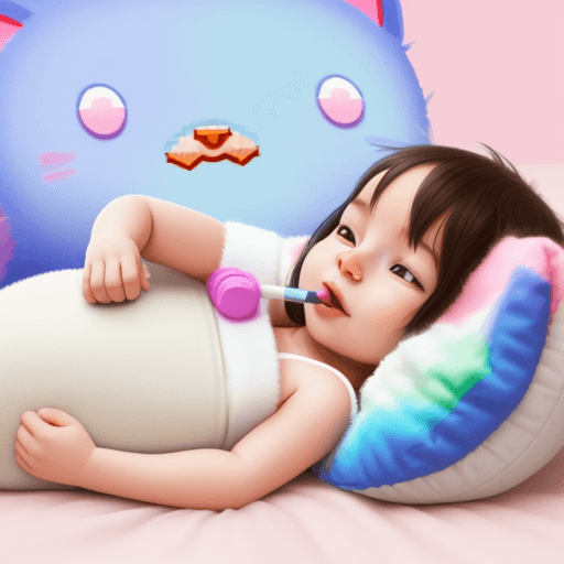 AI generated: the nyan cat taking care of a human baby playing with a joystick on a comfortable fluffly pillow