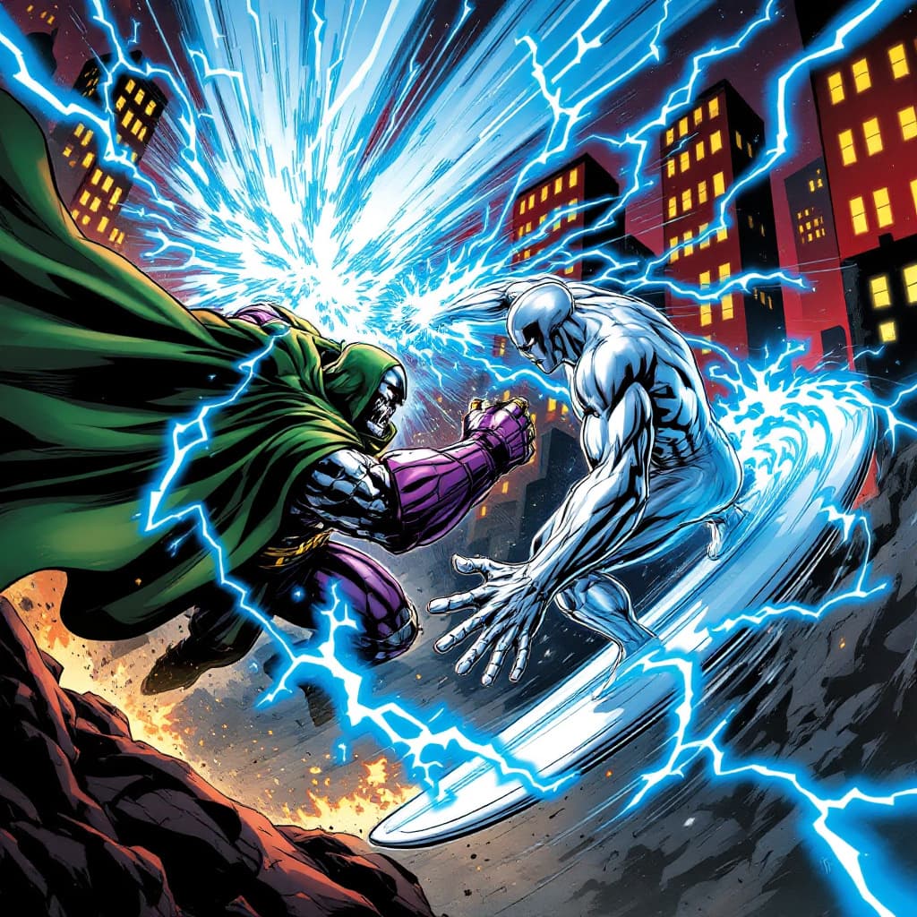 AI generated: "A dramatic comic book-style illustration of an intense battle between Doctor Doom and Silver Surfer...