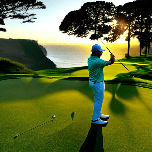 AI generated: "A seasoned golfer stands poised on a verdant cliffside golf course, at the edge of a tumultuous sea...