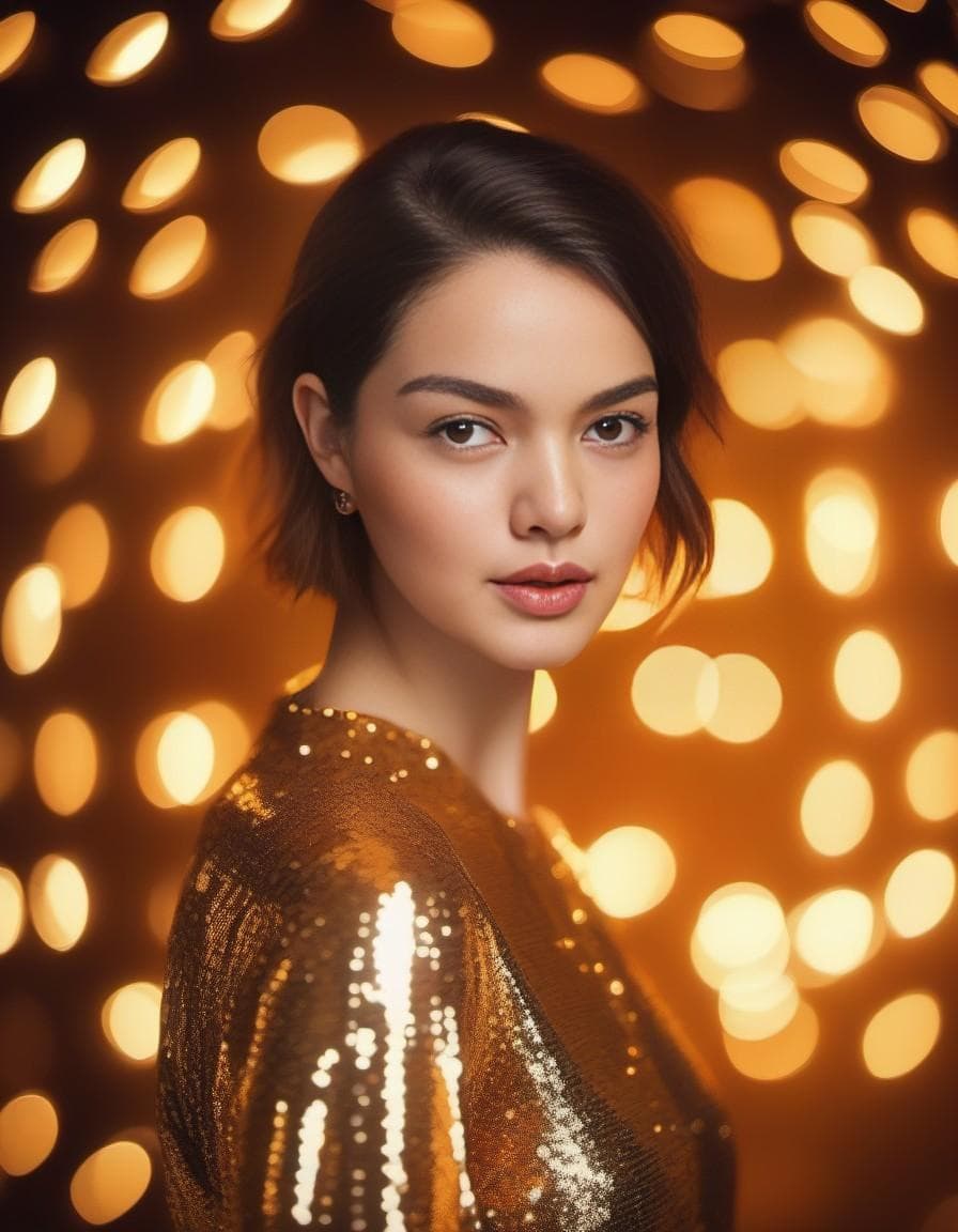 AI generated: a young blonde woman, wearing gold sequins in front of lights and stars, in the style of vibrant pos...