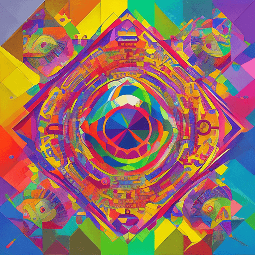 AI generated: Calendar oil painting by Okuda San Miguel, Rainbow geometric architectures blend with organic shapes...