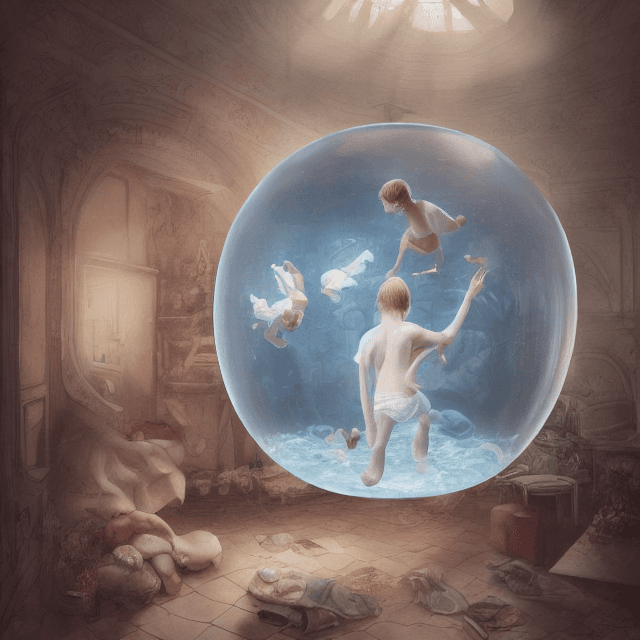 AI generated: A pale blonde teen boy in white pijamas floating inside a giant fishbowl, human aquarium, exhibition...