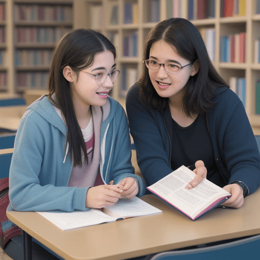 AI generated: college student speaking with middle-aged professor on campus about reading, sharing books, colourfu...