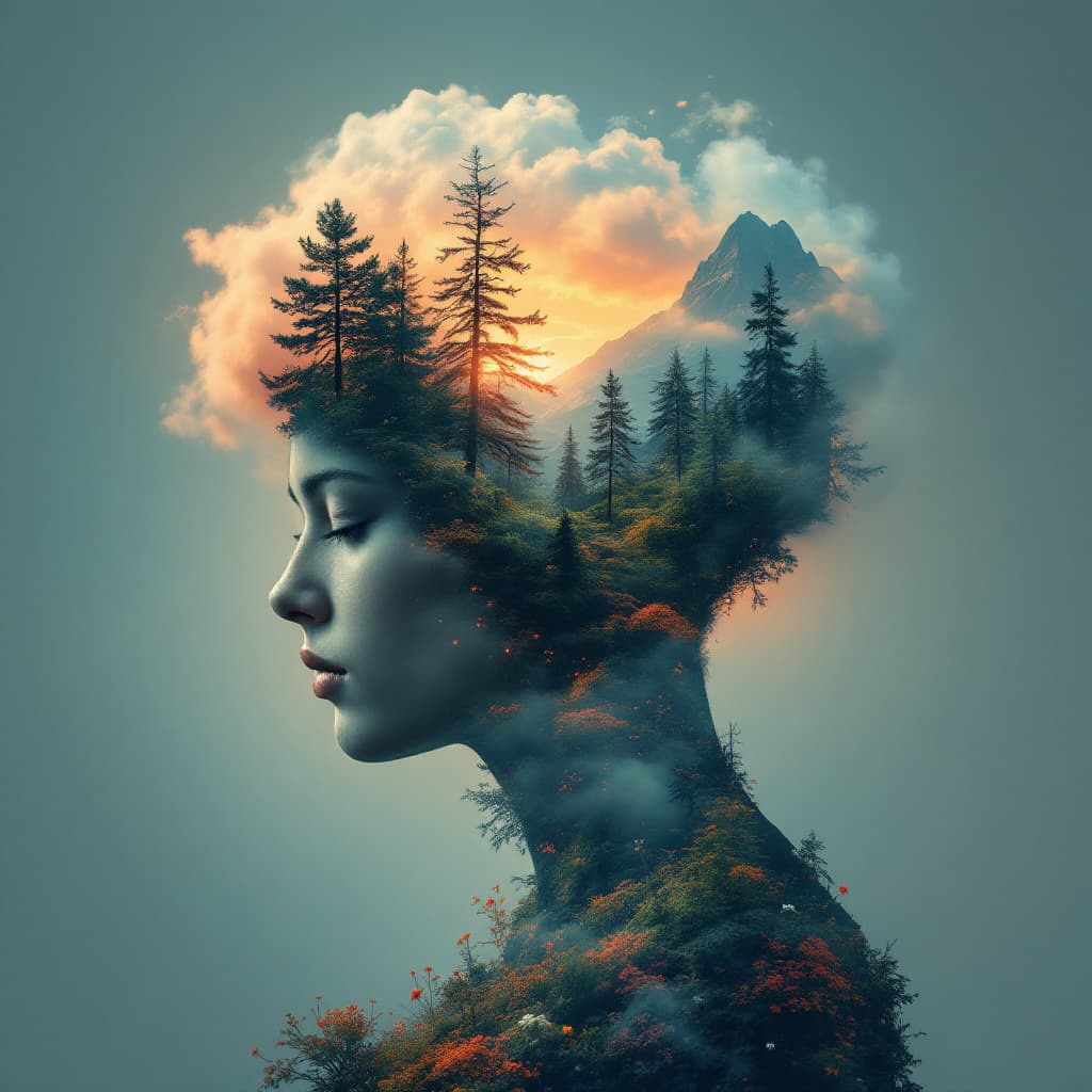 AI generated: Double Exposure Human-Nature, trees, flowers, mountain, sunset, nature mind, expressive creative art...