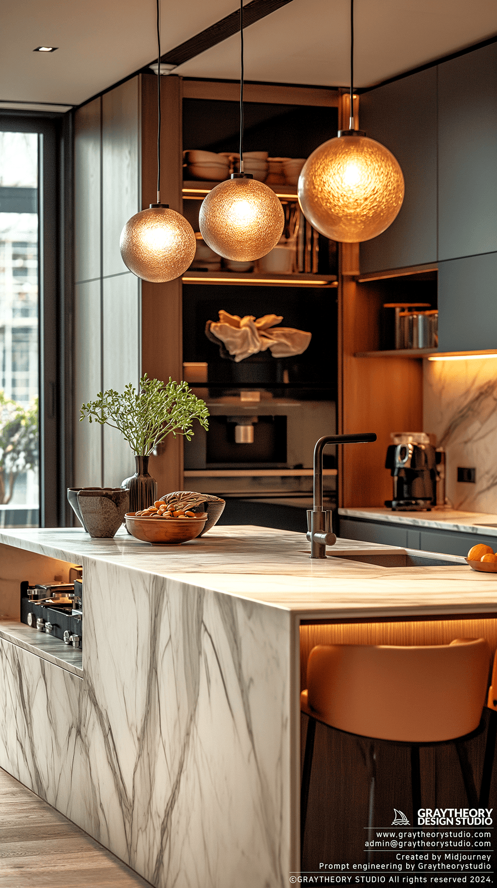 AI generated: modern kitchen, in the pre-dawn light, sleek matte white finishes, with a deep ocean, steel gray, an...