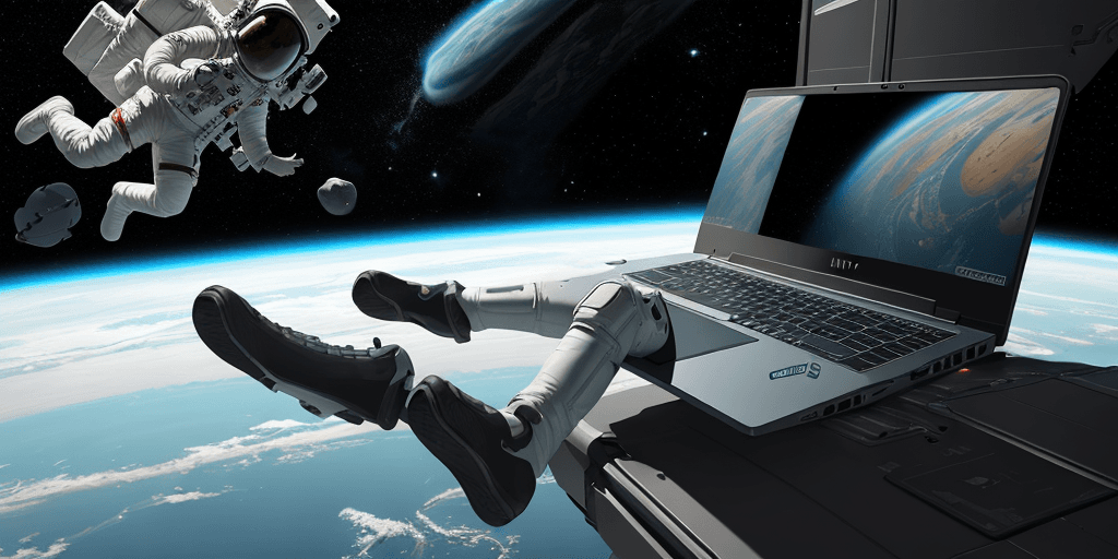 AI generated: A gaming laptop floating in space, drifting along the Milky, realistic, astronaut , expand the overv...