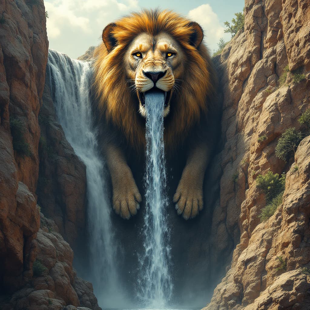 AI generated: lion head embeded at the top of the hifghest water fall with water flowing from th mouth of the lion