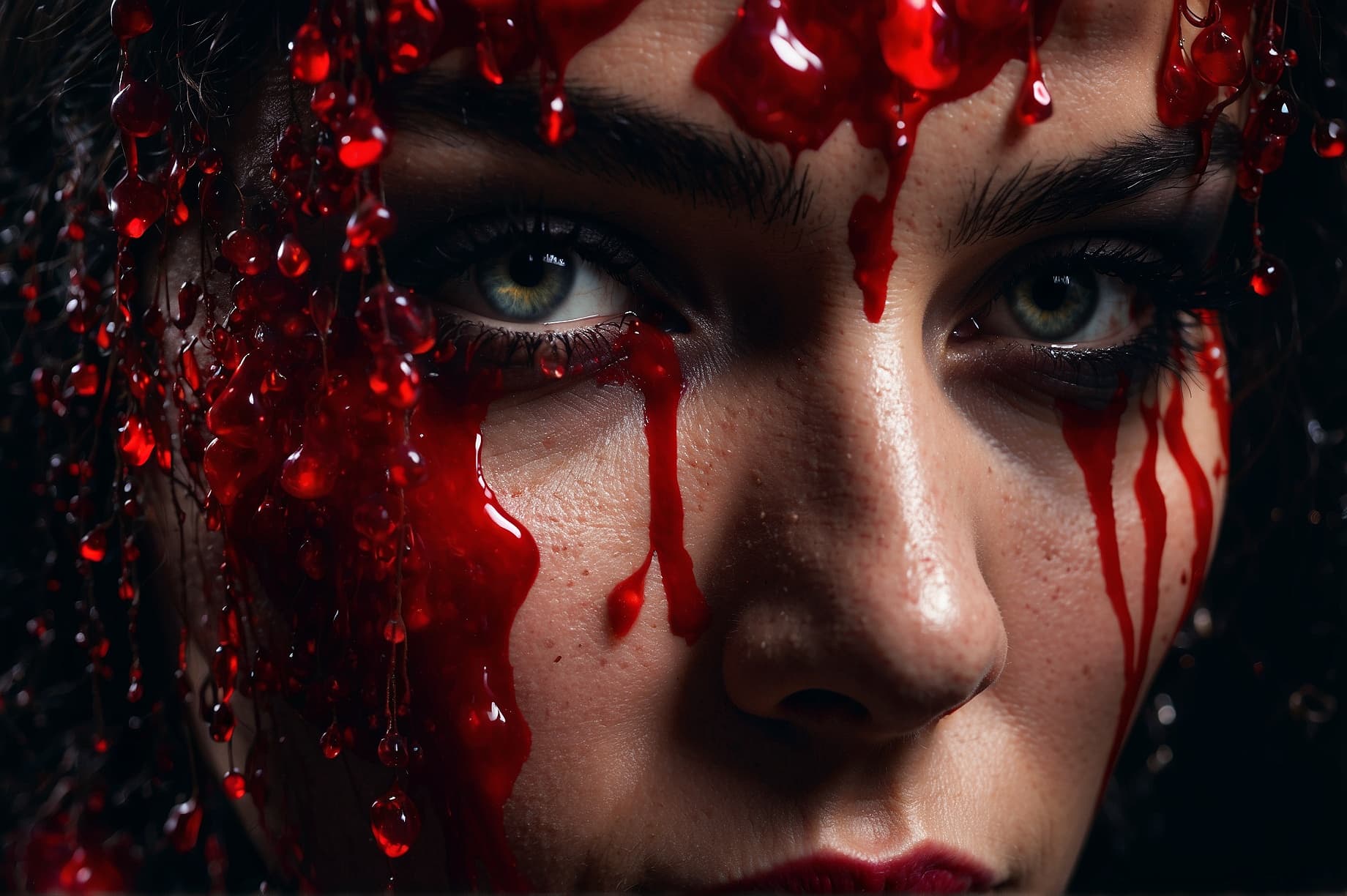 AI generated: blood drops on a woman's face, killer, shiny eyes, elegant, lovely, dark, dramatic light, in the sty...