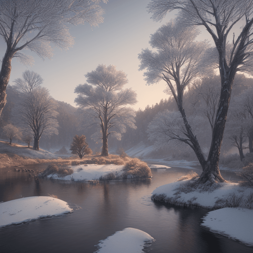 AI generated: photorealistic oil on canvas, 
riverbank, small trees, small hills
beautiful setting, winter,
foregr...
