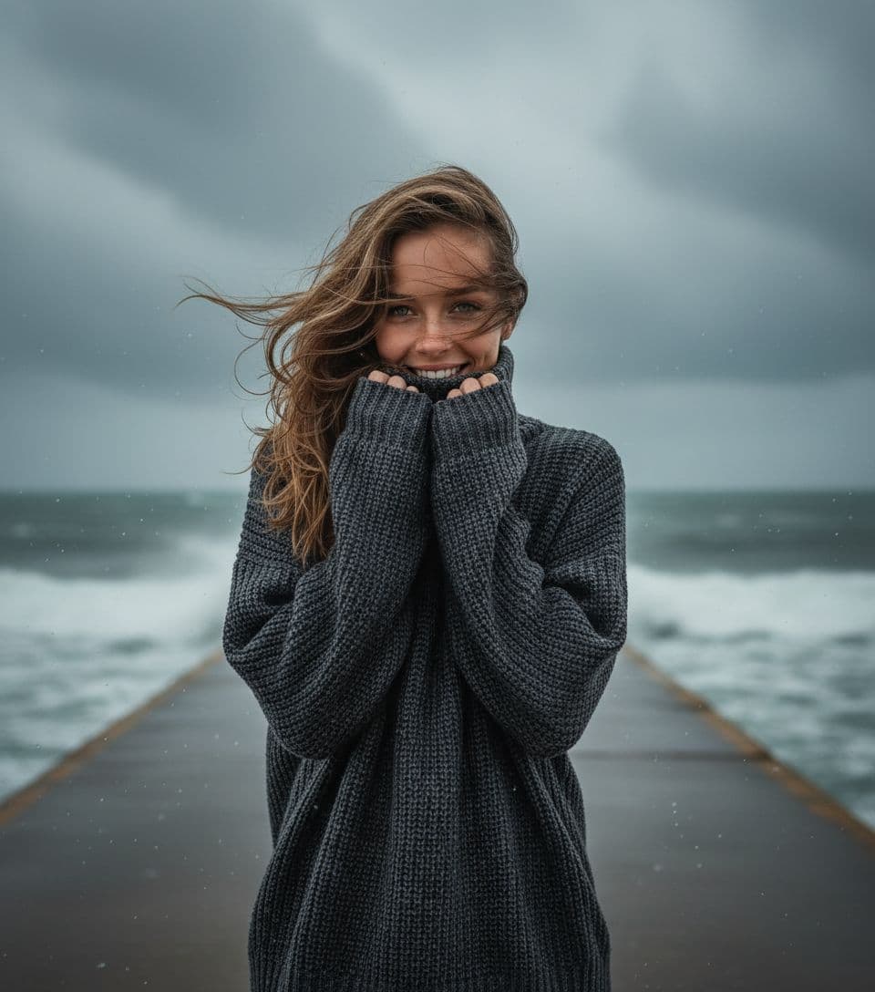AI generated: A cinematic photo of the uploaded dark blonde pretty German woman on a stormy, gray concrete pier by...