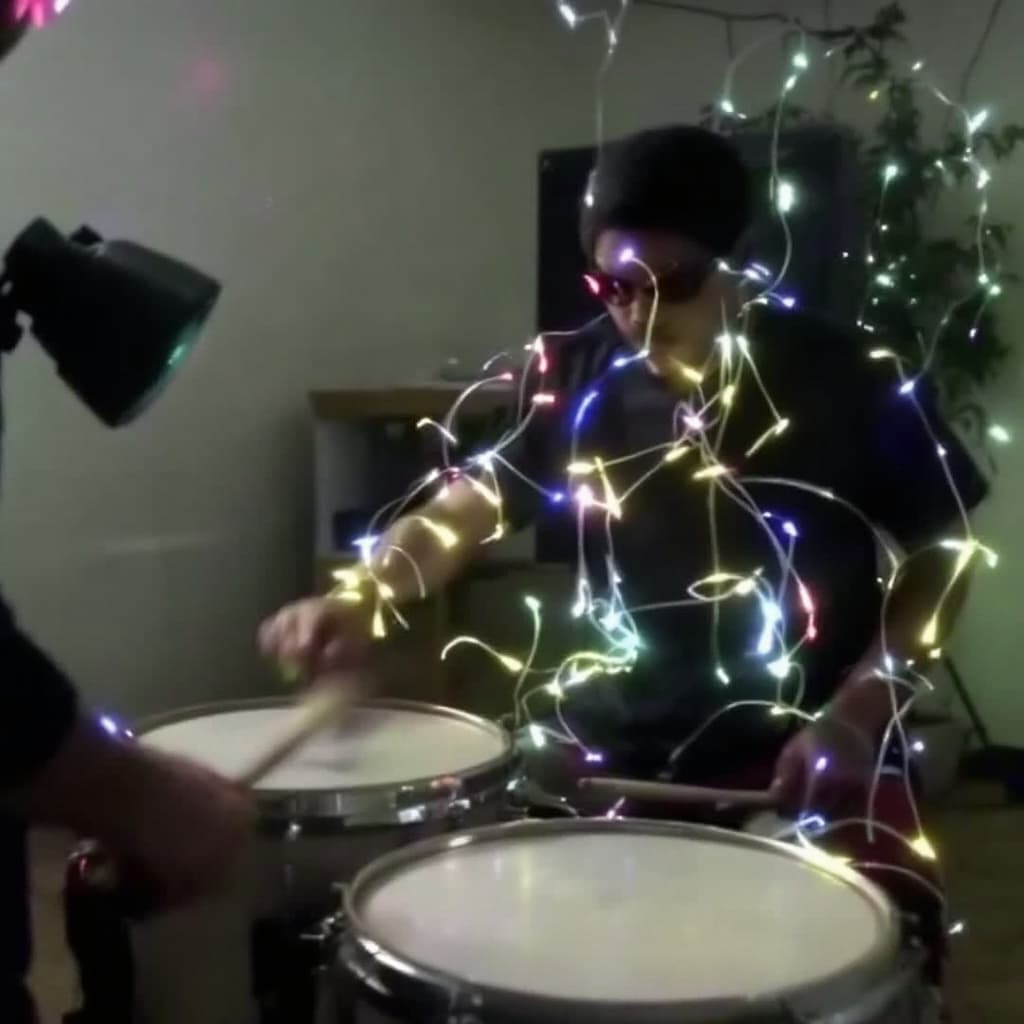 AI generated: Haz un video de tambores y percusión sheakers  panderos solos con luces brillantes que no haya human...