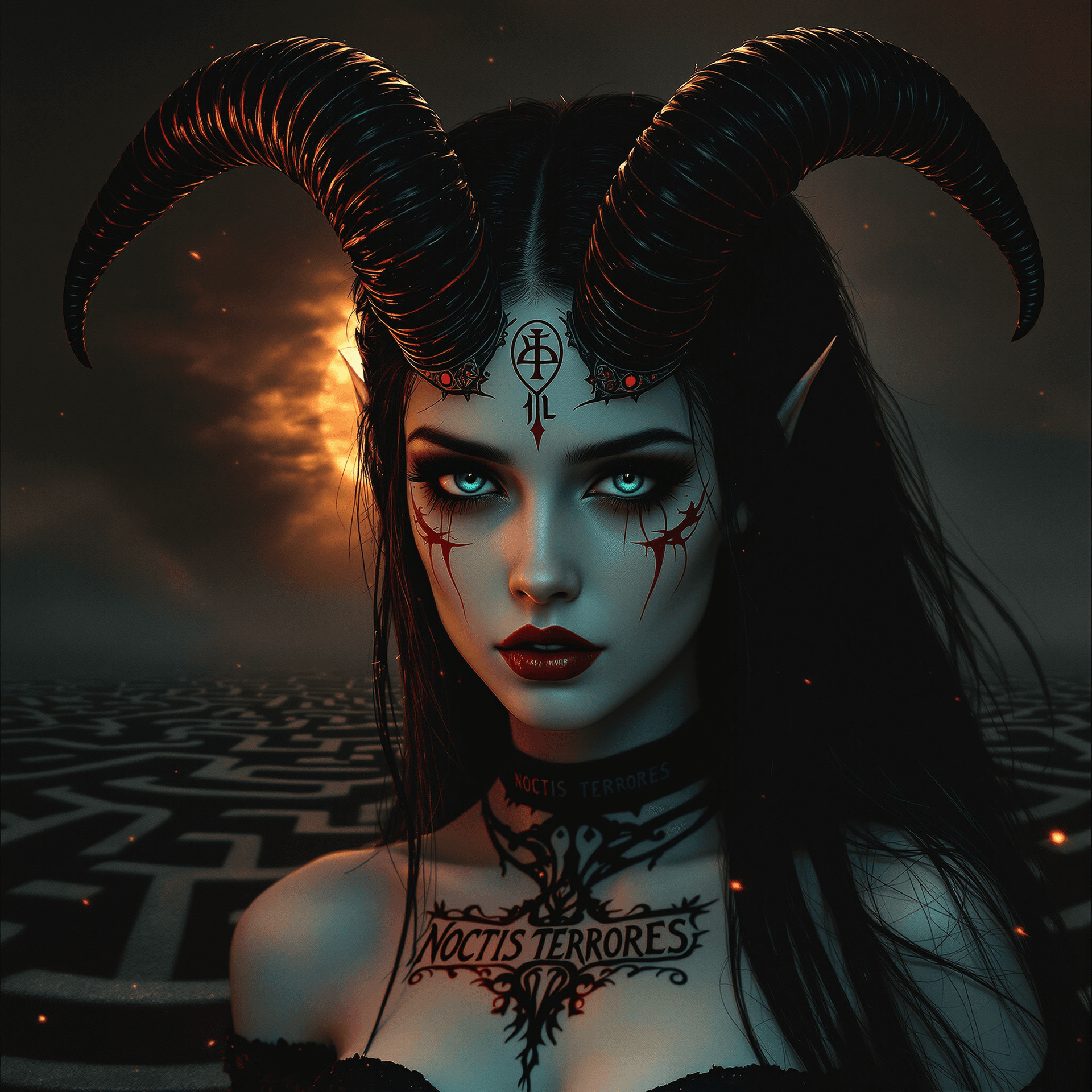 AI generated: A record-album cover, fantasy art: A powerful yet vulnerable female demon, reminiscent of Beksiński'...