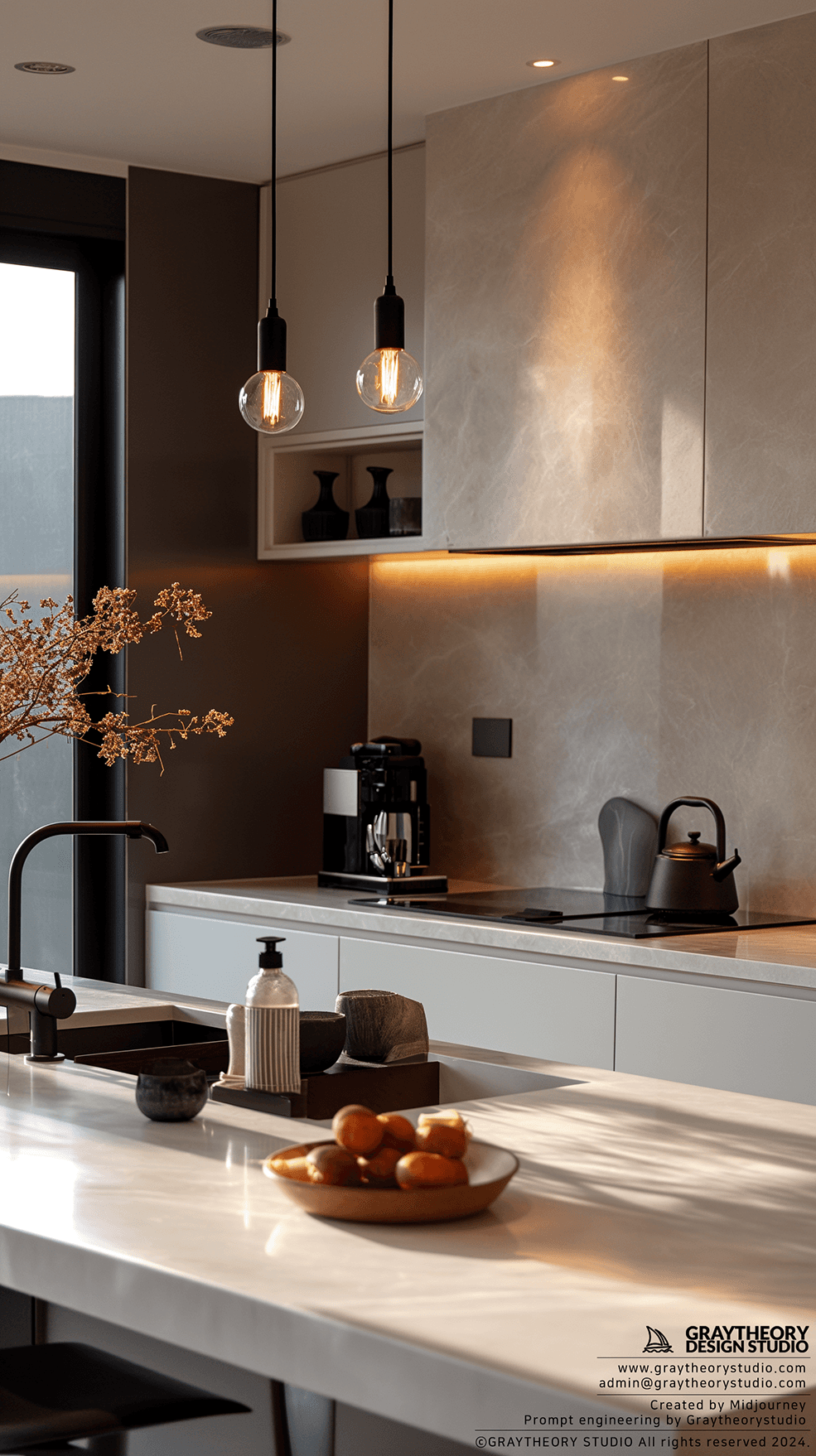 AI generated: modern kitchen in the pre-dawn light, sleek white tile and matte white finishes, with a beige, and m...