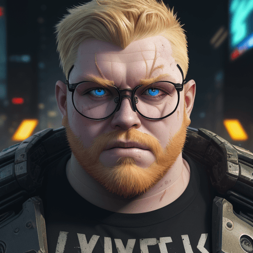 AI generated: A handsome cyborg blonde evil chubby male with dirty and damaged synthetic skin, small ginger beard ...