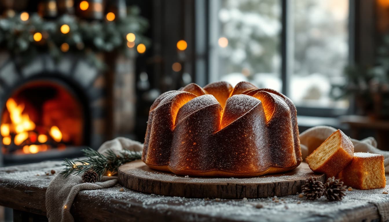 AI generated: Still life with traditional Christmas panettone bread, black and gold color palette, wood-burning ov...