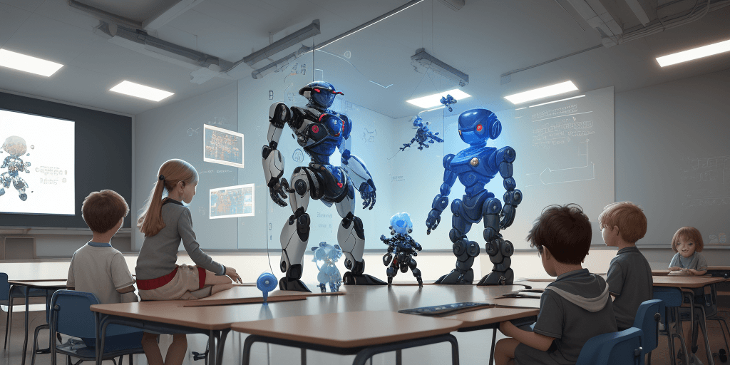 AI generated: image about 2 human boy and girl students playing with a small and cute robot. group discussion, lar...