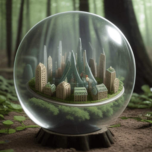 AI generated: a mini-city stuffed in a bubble in the woods.