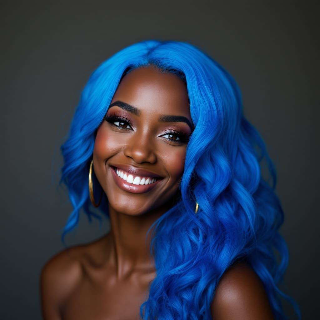 AI generated: professional portrait a stunning African American  woman wearing blue hair with a smile, in the styl...