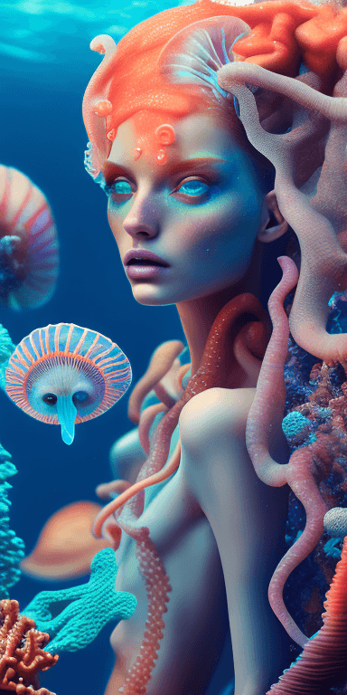 AI generated: a surreal photograph of a fashion model, underwater, mermaid, colorful coral, sci-fi, highly detaile...