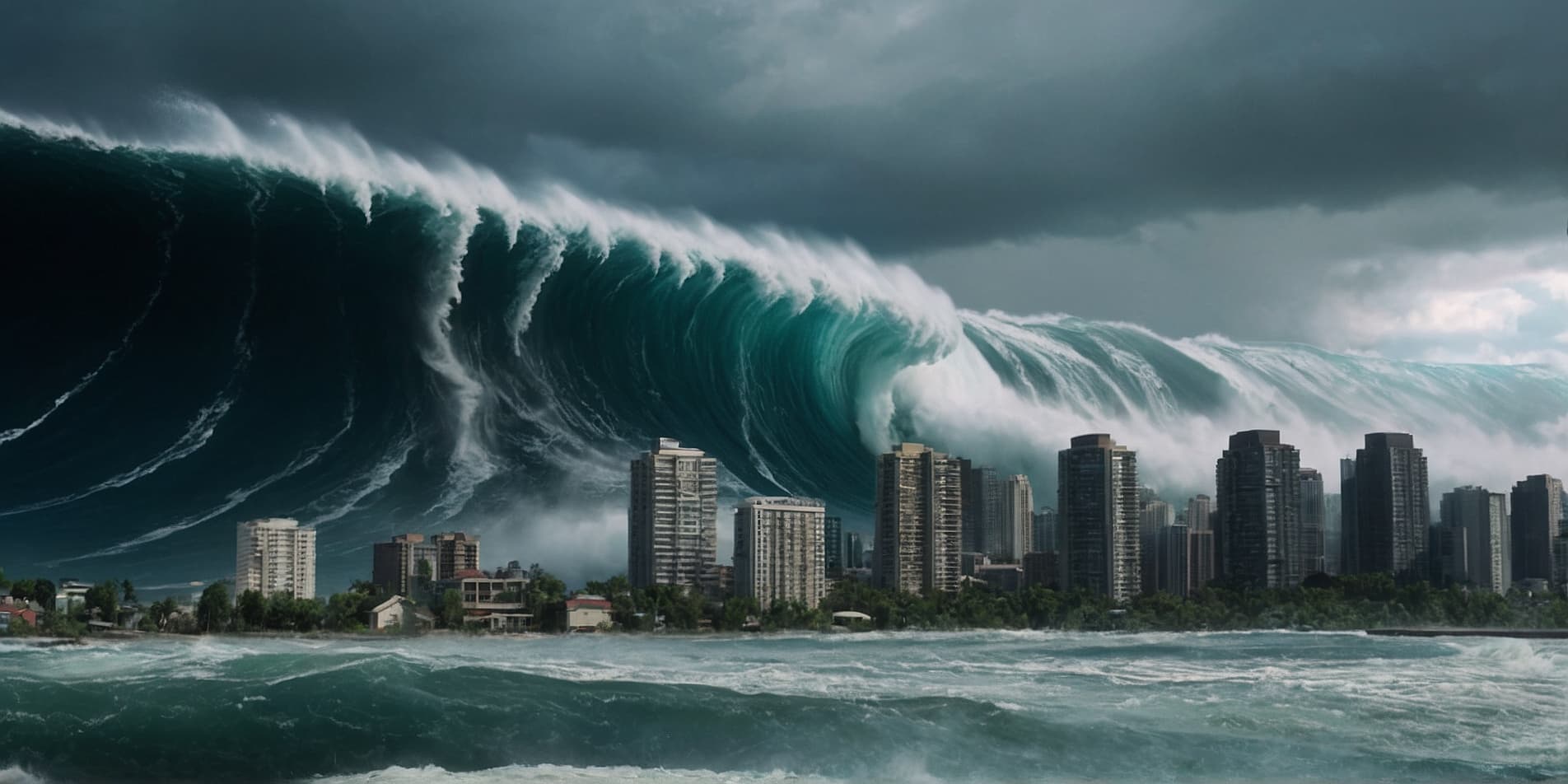 AI generated: A highly detailed and dramatic rare photo shot of a ((Tsunami)) with a zoomed out city background, (...