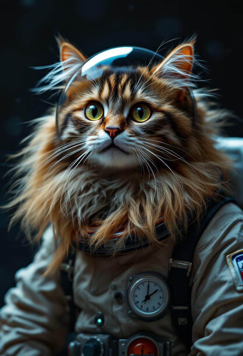 AI generated: long haired tortie cat with a goofy expression dressed as a cosmonaut, cinematic lighting
