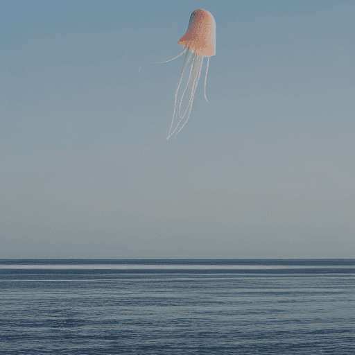AI generated: A dreamy soft colour of a jellyfish flying over the sky. The ocean is calm. 