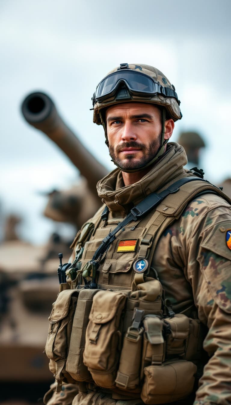 AI generated: nice man soldier standing behind an army TANK with military gear.