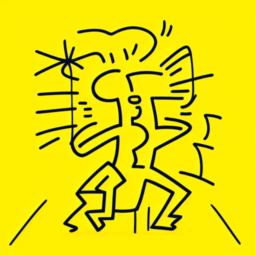 AI generated: A App Mobile, full body , yellow background , Keith Haring style doodle , sharpie illustration , bol...