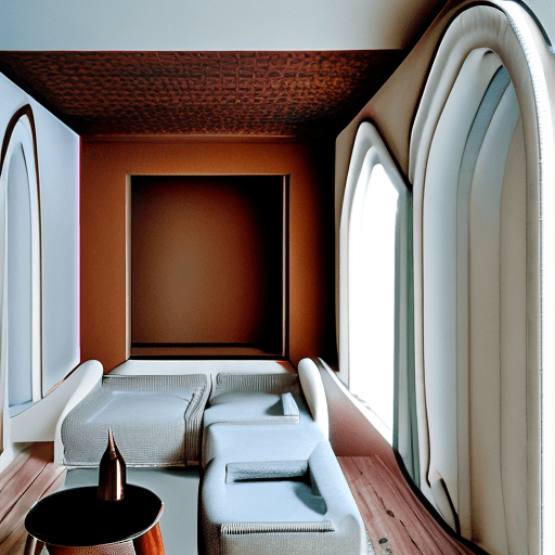 AI generated: High resolution photography interior design, dreamy sunken living room conversation pit, wooden floo...